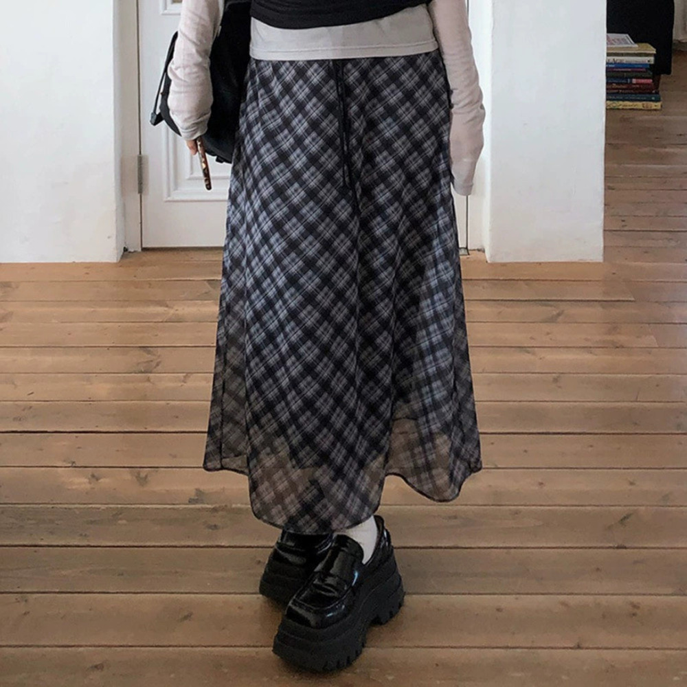 ZARA Summer Street Retro Plaid Mesh Drawstring Midi Slimming Skirt
